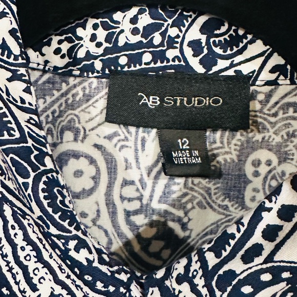 AB Studio Sleeveless Paisley Shirt Dress | Size 12 | Navy & White |Cotton Blend - Picture 3 of 4